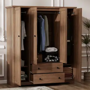 Wooden Wardrobe with 4 Door Wardrobe Armoire Closet with 2 Drawers