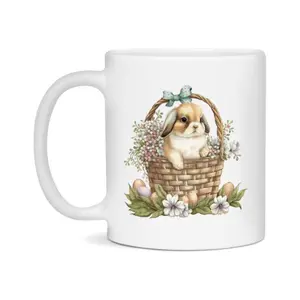 Easter Bunny Coffee Mug, Cute Bunny With Basket Easter Gift, Cute Bunny Mug, 11Oz Or 15Oz White Ceramic Cup, Double-Sided 46V