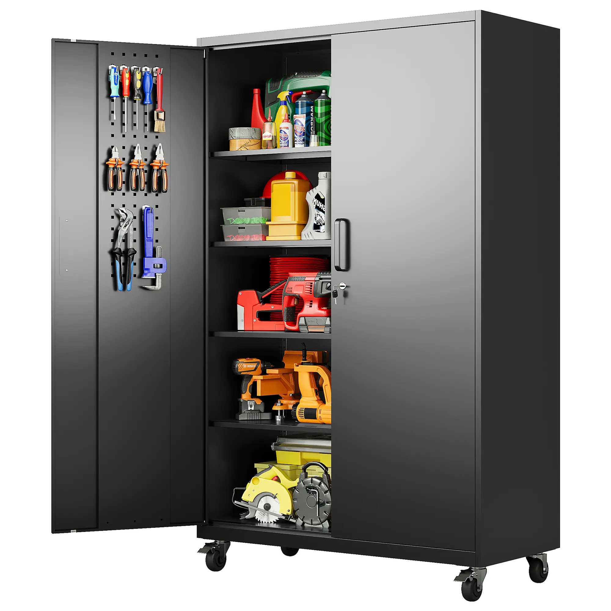 Letaya Extra Wide & Deep Metal Storage Cabinet with Wheels,20" Depth Rolling Garage Storage Cabinet with Lock,Black Metal Cabinet with Pegboards and Adjustable Shelves for Garage,Home,Office
