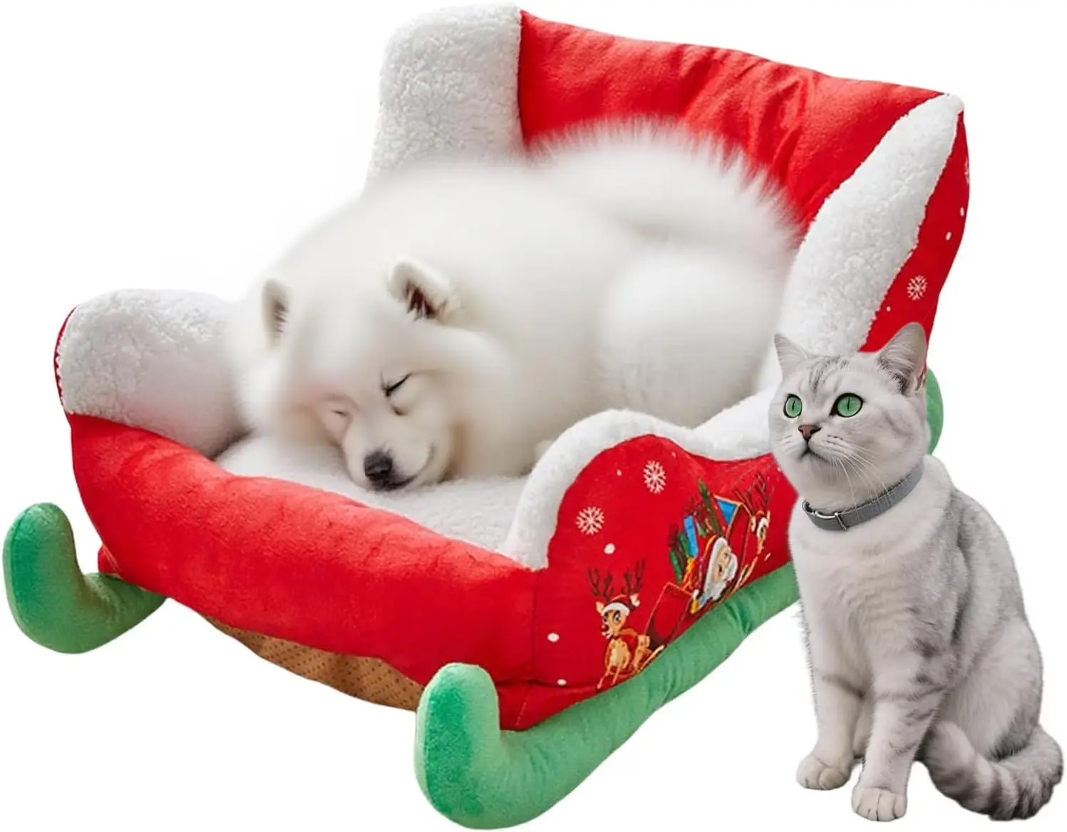 Christmas-Themed Sleigh-Shaped Pet Bed for Small Dogs and Cats, 15" x 27.6", Washable and Cozy Indoor Sofa Bed for Winter Holidays