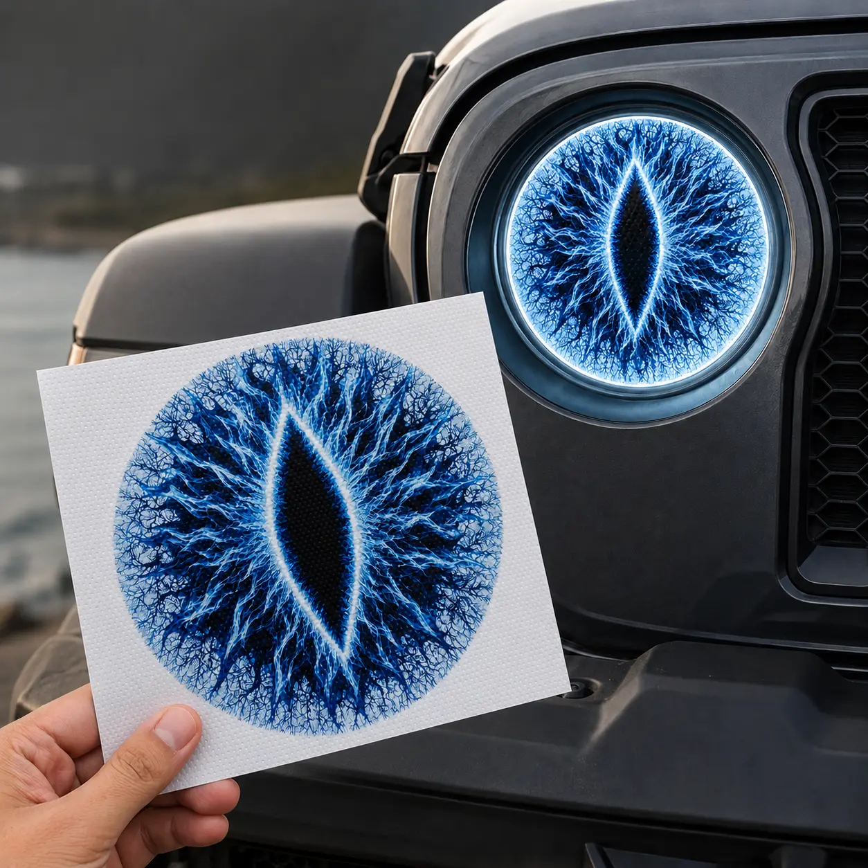 Misty Trail Beast Eye 3D Nylon Car Headlight Decals - Fantasy Anime Round Overlays, Self-Adhesive Reusable Sticker Deco, 3D Molded Sticky Car Stickers for Jeep Plastic/Glass/Ceramic Vehicle Lights