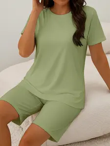 Oversized Plain Short Sleeve Shorts Set, Summer Sports Casual, Sporty Round Neck, Plus Size Comfortable Wear, All Seasons Fashion