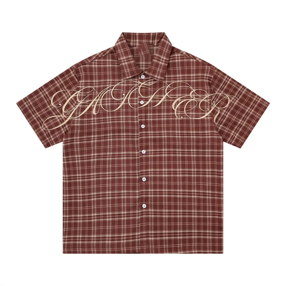 Inflation Plaid Embroidery Open Collar Shirt Men Y2K Oversized Short Sleeve Streetwear Button Up Inflation Plaid Embroidery Open Collar Shirt Men Y2K Oversized Short Sleeve Streetwear Button Up