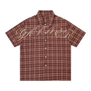 Inflation Plaid Embroidery Open Collar Shirt Men Y2K Oversized Short Sleeve Streetwear Button Up fathersdaygift
