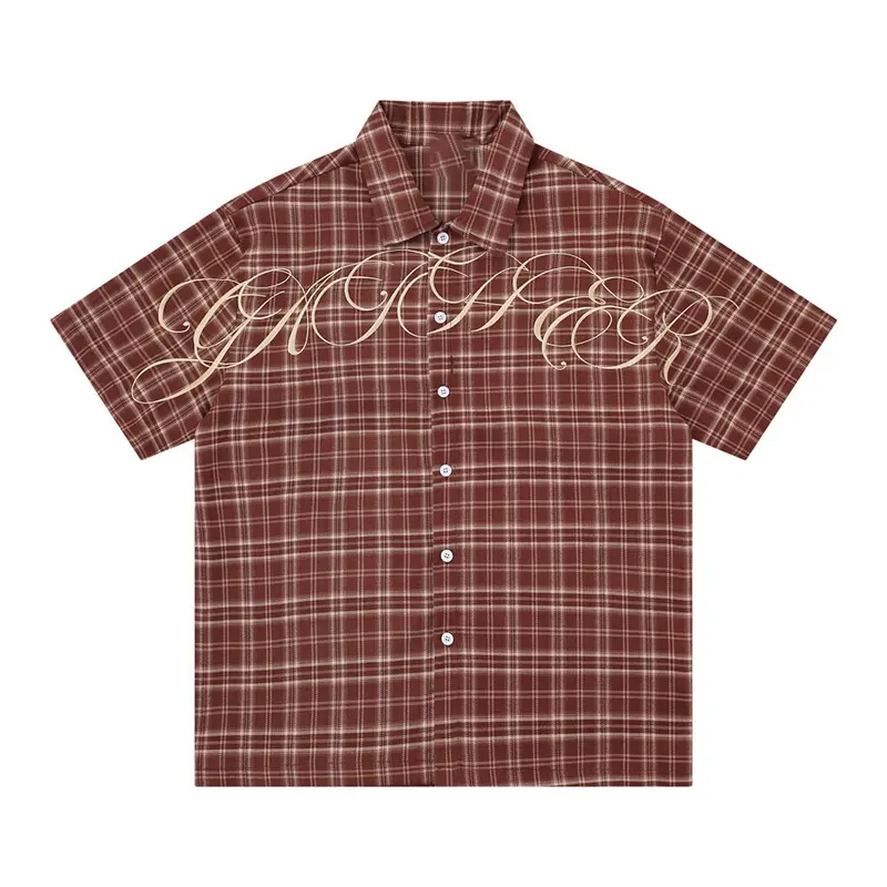 Inflation Men's Preppy Plaid Embroidery Open Collar Short Sleeve Button Up Shirt - Casual Tops with Button Up Design, 2000s Y2K Oversized Streetwear
