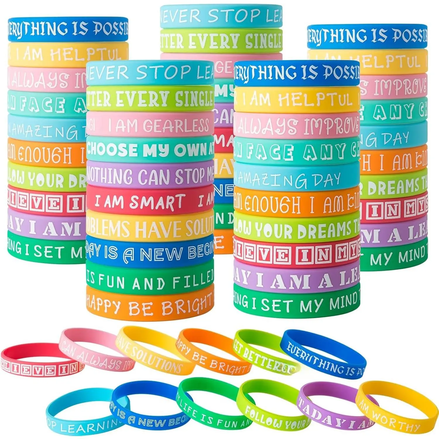 100 count Inspirational Quote Wristbands -Bulk Pack Colored Motivational Bracelets- Stretch Unisex Wristbands for Men Women Teen Gifts, Party Favors,20 Styles