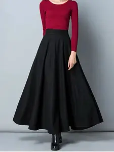 Women's A-Line High Waist Long Skirt, Pure Color Woolen Fabric, Fall & Winter Fashion, Plus Size Casual Dress