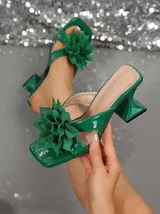 Women's Floral Crystal Heel Sandals, Square Toe Slip-On Party Wedding Date Summer Shoes, Casual PU Rubber Sole, Footwear