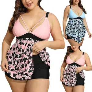 Women Plus Size Tankini Modest Swimsuit Two Piece Flowy Swimdress Scoop Neck Bathing Suits with Shorts polka dot