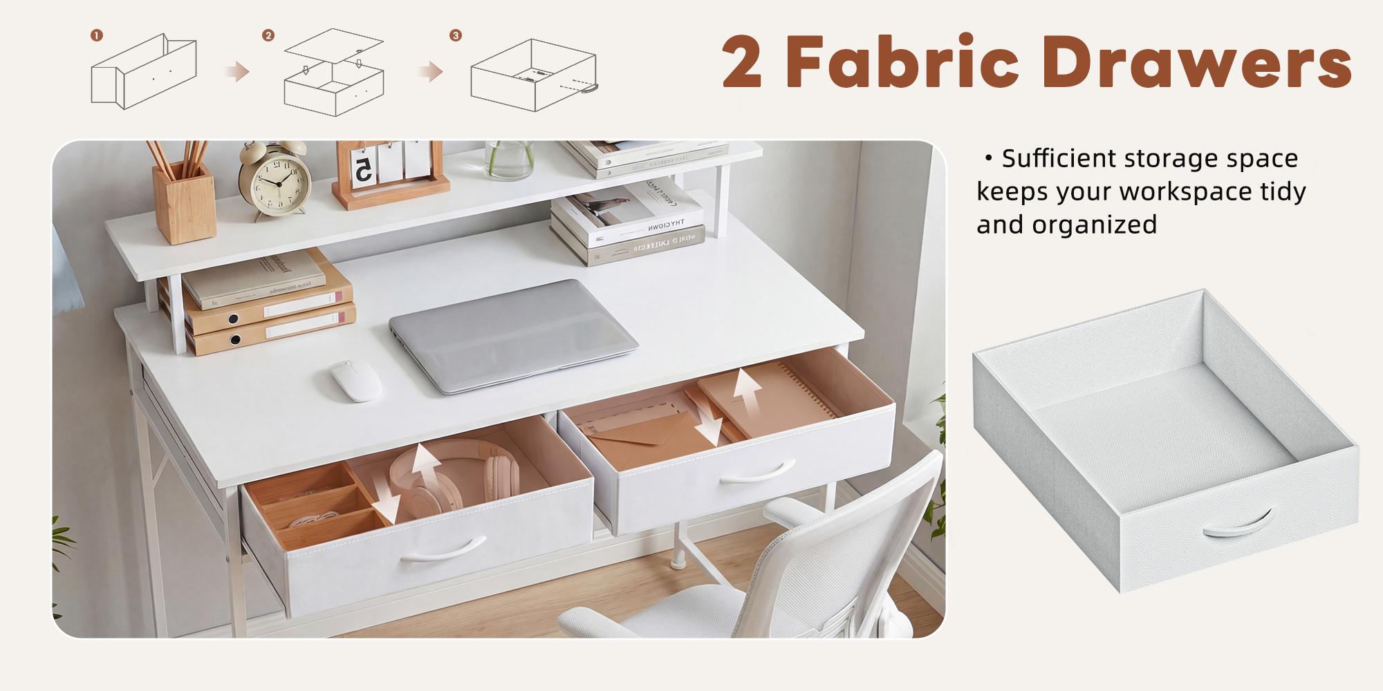 Small Home Office Computer Desk, Desk with 2 Drawers and Monitor Stand, Gaming Desk for Small Spaces