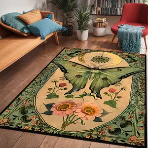 Bohemian Style Butterfly Floral Print Rug, Boho Floral Rug, Boho Area Rug, Washable Foldable Non-Slip Plush Carpet, Retro Home Decor for Living Room Bedroom
