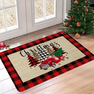 , Christmas Theme, Christmas Red Truck Christmas Tree Pattern Enlarged Doormat, Door Entrance Carpet, Machine Washable, Suitable for Living Room, Bedroom, Kitchen, Office, Indoor And Outdoor Entrance Doormat, Holiday Home Decoration, Room Decoration