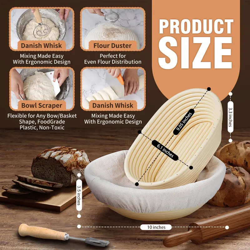 Banneton Bread Proofing Basket Set,10 Inch Round & 9 Oval Sourdough Bread Baking Supplies With Linen Liner - Sourdough Starter Kit Silicone Pot 3