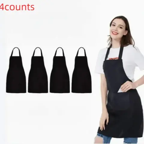 Solid Color Apron with 2 Large Pocket, Apron with Pockets, 4 Counts Durable Multifunctional Kitchen Apron, Household Dirt Resistant Apron for Cooking, Baking, Cleaning, Gardening