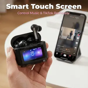 Fluffdrip BD-2 Fluffdrip Wireless Earbuds with Smart Touch Screen Case, ANC Noise Cancelling, Remote Camera Control & EQ Settings, LCD Display Headphones for iPhone/Android