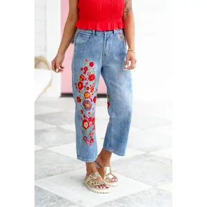 Restock! Wildflower Drive Mineral Wash Relaxed Fit Denim Jeans with Floral Embroidery Detail