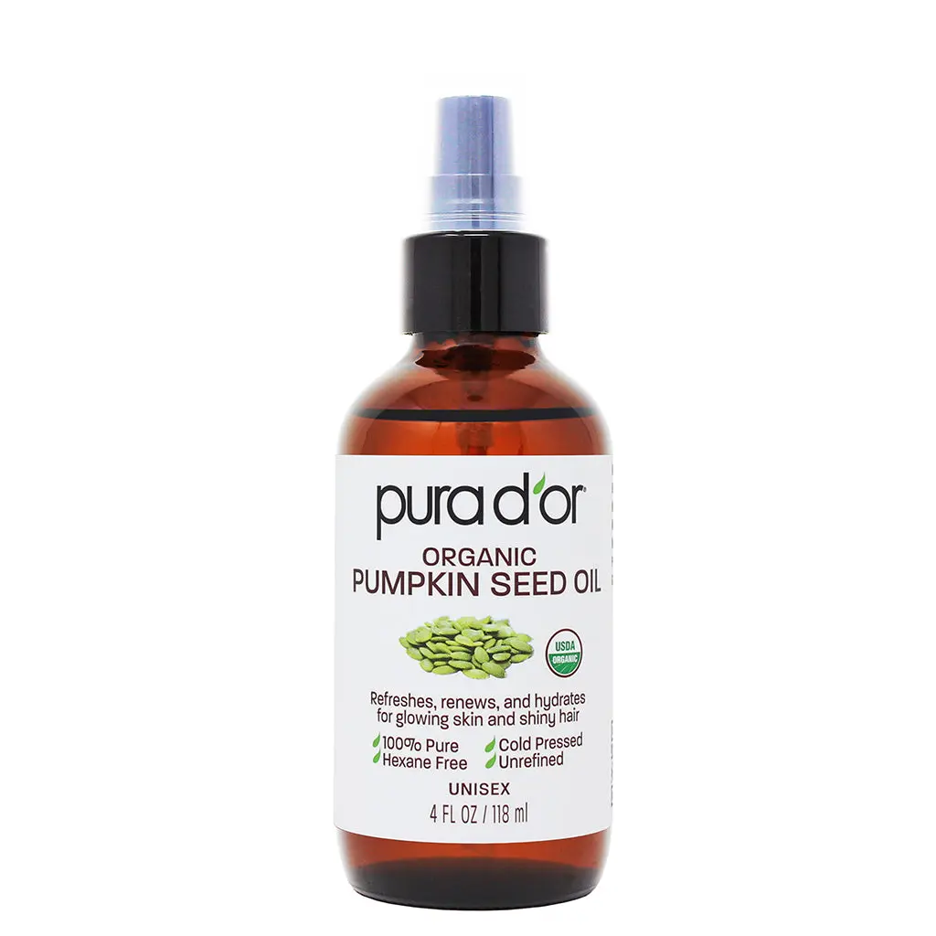 PURA D’OR Organic Pumpkin Seed Oil 4oz (118ml) – 100% Pure Cold Pressed Pumpkin Seed Oil for Hair Growth, Scalp Care, Skin Hydration & Anti Aging Moisturizer
