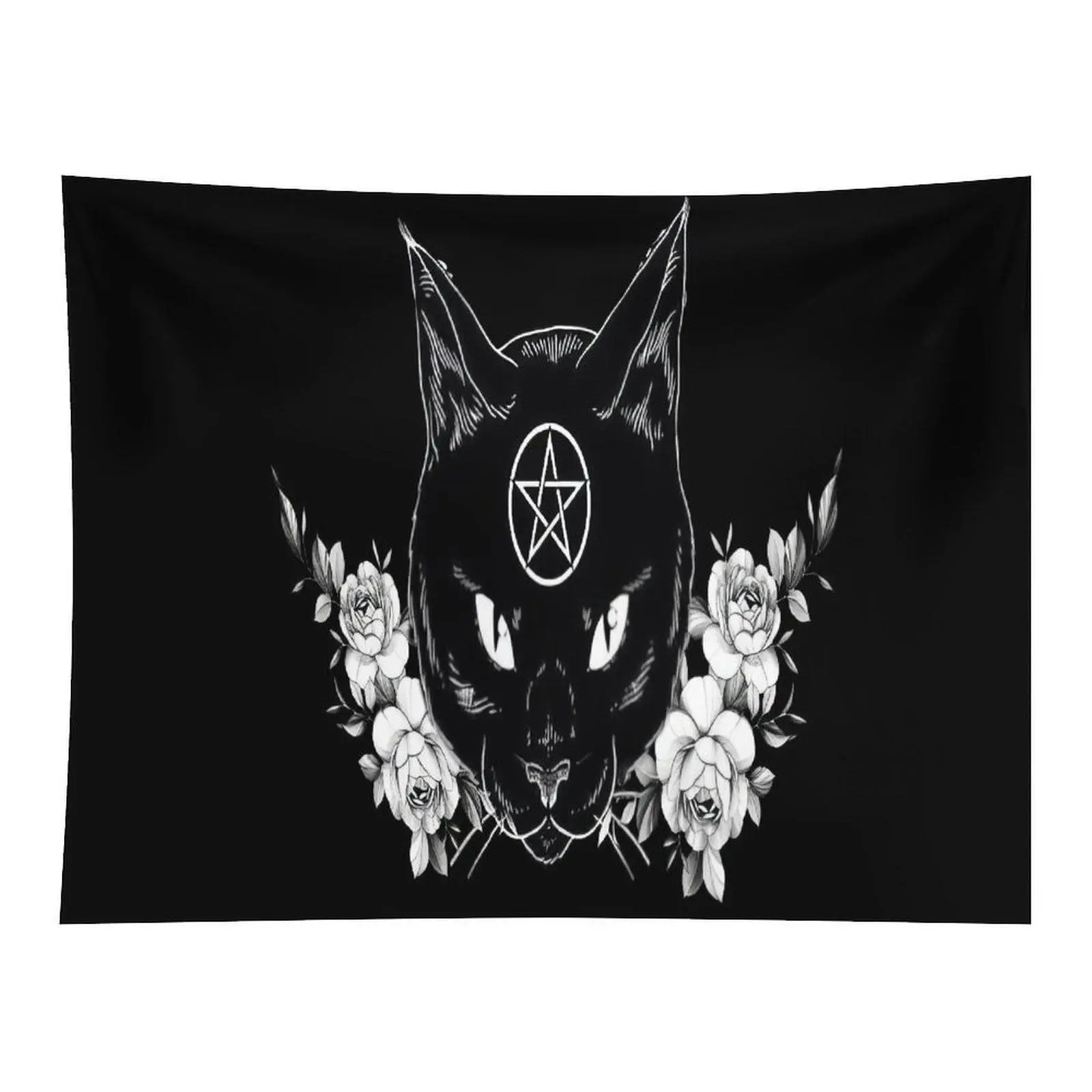 Gothic Black Cat With Pentagram Symbol Surrounded By White Roses Dark Witchy Art Wall Tapestry For Alternative Room Home Decoration