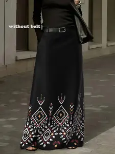 Elegant Women's Ethnic Printed Midi Skirt, Womenswear, Straight Tube Design, Fitted, Woven Fabric, Pockets, Back Waist Elastic, All-Season Wear, Office Party Daily Use, Maxi, Chic
