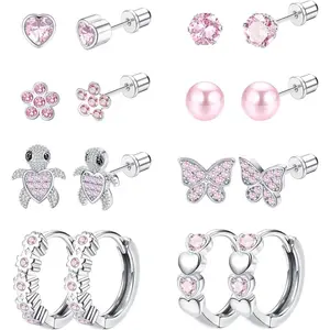 ZELORES 8 Pairs 316L Stainless Steel Cute Heart Earrings for Women, Hypoallergenic 20G Spiral Studs, Unique Zircon Butterfly & Turtle Cartilage Earrings, Perfect for Daily Outings, Parties & Christmas Gifts