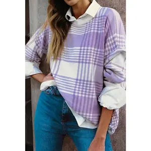 Lilac Plaid Print Ribbed Trim Loose Sweater