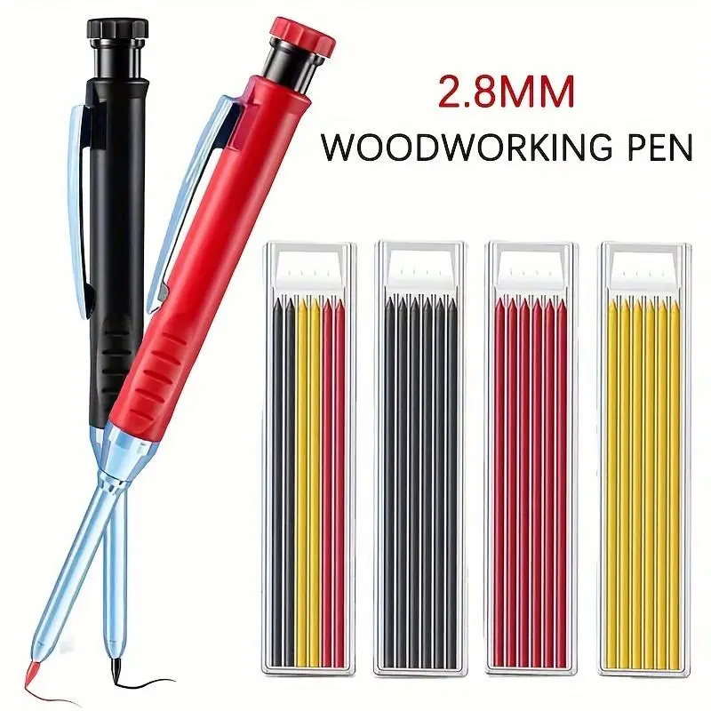 Mechanical Pencil with Refill & Sharpener, 1 Count Professional Engineering Woodworking Pen with 2 Boxes Refills, Quick Dry Marker Pen for Deep Hole M