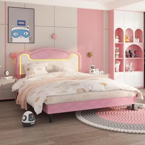GAOMON Full Upholstered Bed 54 inch with LED Light Design, Wood Frame Soft Bed in Pink and White, Bedroom Bed for Sleep and Daily Home Use