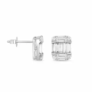 Diamond Baguette Illusion Stud Earrings in Solid 18k White Gold
