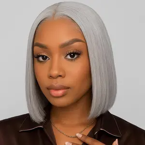 Grey Bob Wigs Human Hair Straight 12 Inch 13x4 HD Silver Grey Bob Lace Front Wig Human Hair Easy To Wear Wigs Pre Plucked With Baby Hair Short Gray Bob HD Lace Frontal Wig For Black Women Tangle-Free Shedding-Free
