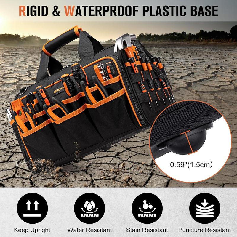 17-Inch Electrician Tool Bags for Men, 46-Pocket Heavy Duty Tool Bag, Foldable Hvac Tool Bag Organizer with Wide Mouth & Adjustable  Strap for Electricians Mechanics Craftsman Contractor