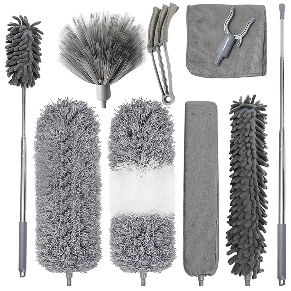 Feather Duster Set, 10pcs/set Including Duster & Telescopic Pole & Duster Head & Duster Cloth, Household Cleaning Tool for High Ceiling, Cobweb, Blinds, Ceiling Fan Duster, House Cleaning Tools, Cleaning Supply