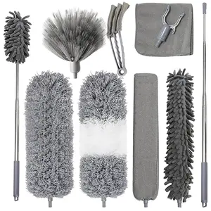 Feather Duster Set, 10pcs/set Including Duster & Telescopic Pole & Duster Head & Duster Cloth, Household Cleaning Tool for High Ceiling, Cobweb, Blinds