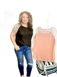 Plus White Birch Razer Sleeve Leopard Print  Crew Neck Waffle Knit Top Short Raglan Casual Soft Knitwear