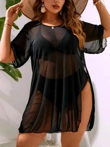 【Plus Size】 Solid Split Side Sheer Tulle Cover Up, Casual Scoop Neck Half Sleeve Cover Up for Summer, Women's Swimwear for Beach Holiday Vacation