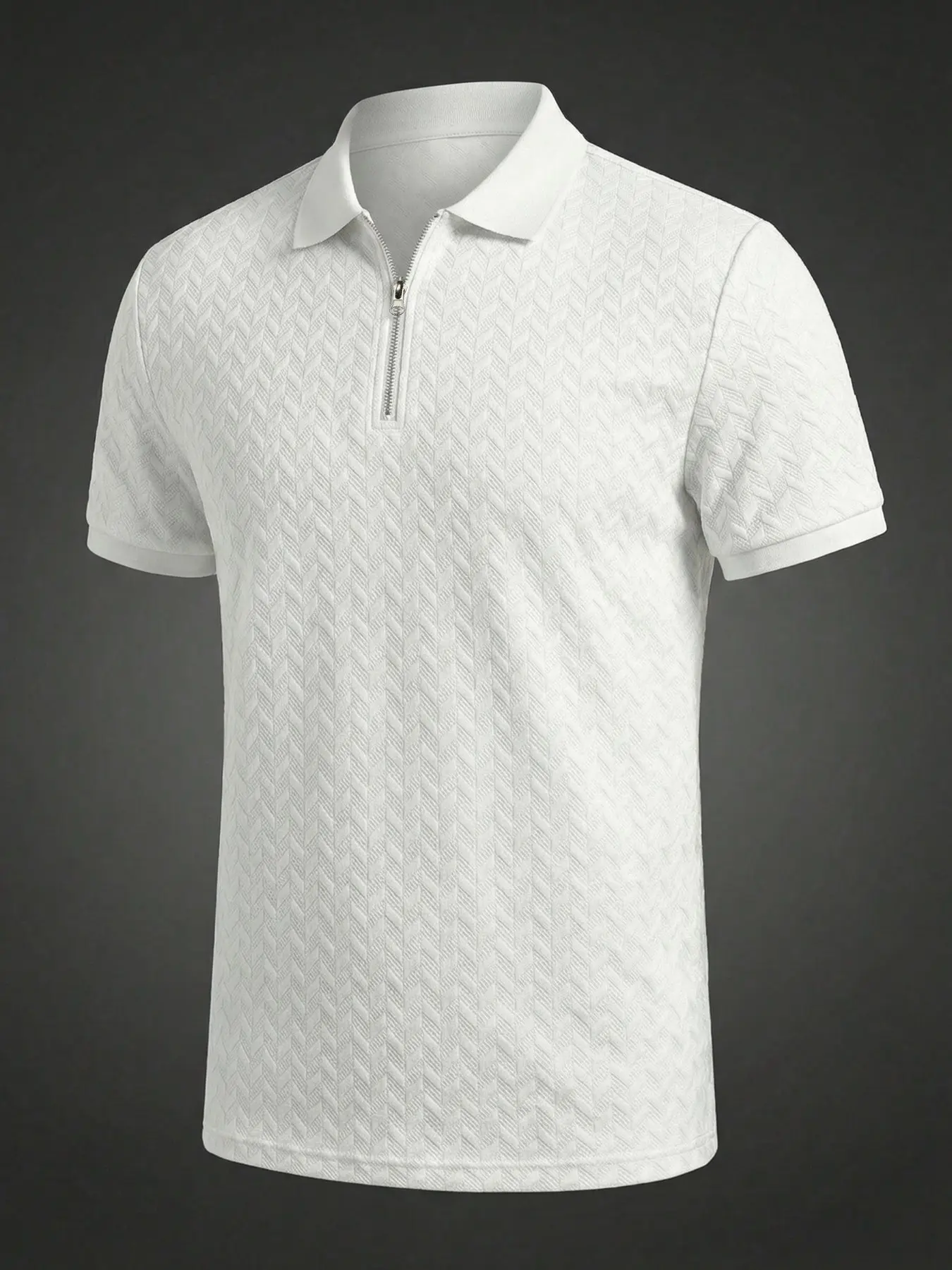 1Pc Men's Jacquard Plain Zip-Up Polo Shirt, Old Money Style, Breathable Textured Knit, Slim Fit Short Sleeve Top for Business Casual & Daily Wear, Breathable Polo Shirts