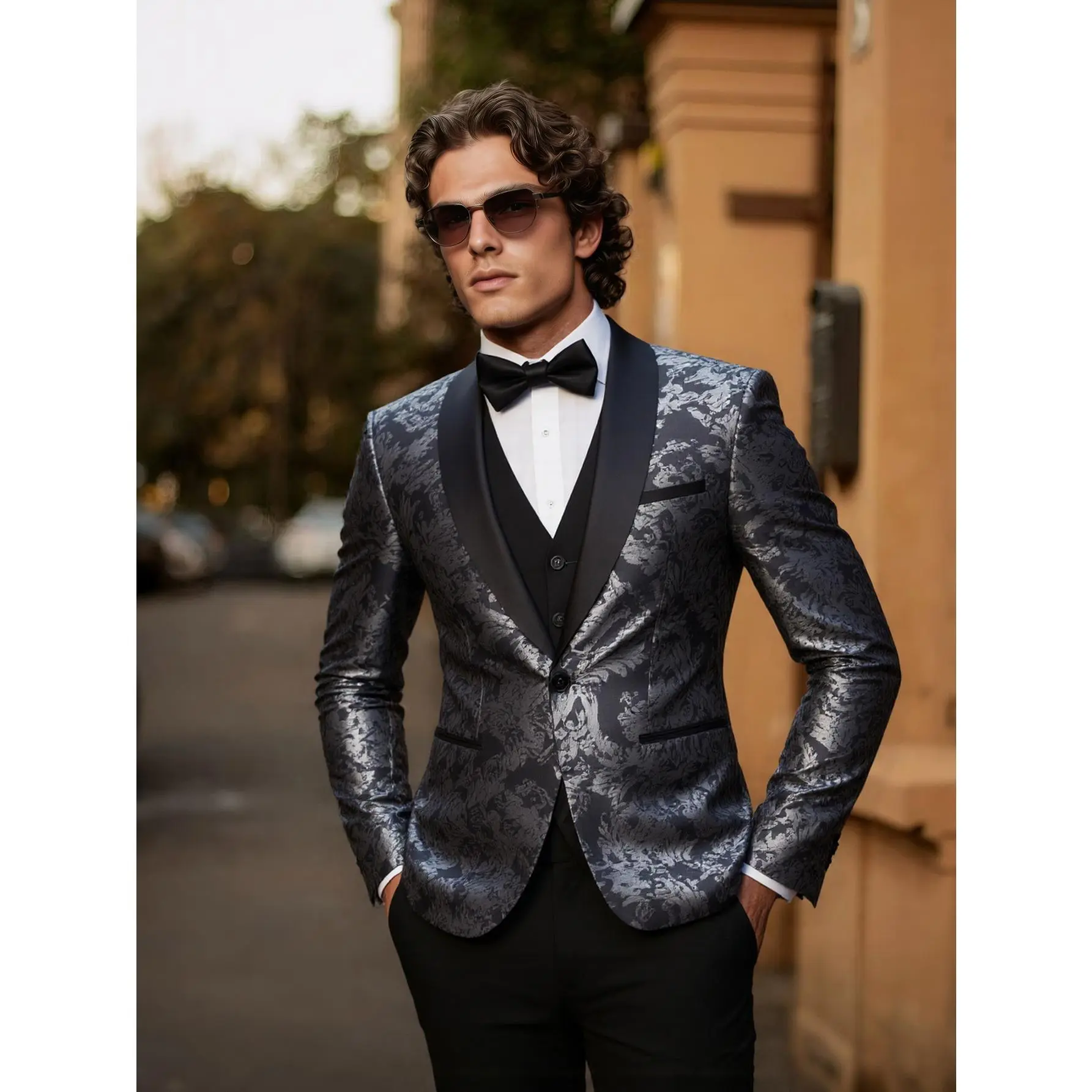 Men's 4 Piece Suit Set - Floral Jacquard Blazer + Black Vest + Pant | Shawl Collar Tuxedo | Wedding, Prom, Formal | 100% Polyester | Dry Clean Only