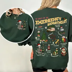 12 Days Of An Emergency Department Christmas Sweatshirt T-Shirt, ED Nurse Shirt, ER Christmas Shirt, ED Christmas Hoodie, Er Nurse Gift, Nurse Gifts, Xmas Nursing Outfit, Unisex Casual Cotton Streetwear For Her For Him