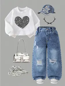 Girls' Light Blue Fashion Street Style Ripped Vintage Jeans Distressed Wide Leg Pants, Comfortable Daily Wear Clothing for Kids