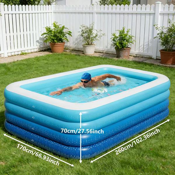 102 inches (approx. 260 cm) large inflatable swimming pool for adults and families. 4-layer thickened inflatable pool (stronger than 3-layer), 0.32mm heavy-duty PVC durable pool, suitable for kids, adults and pets in the backyard. Summer blue.