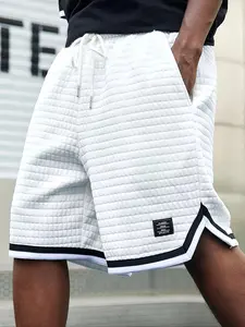 Men's Regular Fit Letter Patched Drawstring Waist Jacquard Knit Shorts, Casual Pocket Contrast Binding Shorts for Summer, Fashion Menswear Men's Bottoms for Daily Wear, Casual Sport Shorts