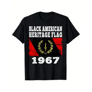 Mens Black Vintage 1967 American Heritage Flag Cotton T-shirt Distressed Retro Graphic Tee Featuring Black Pan African Colors and 1967 Year Design Regular Fit Casual Round Neck Short Sleeve All Season Comfort for Big and Tall Men