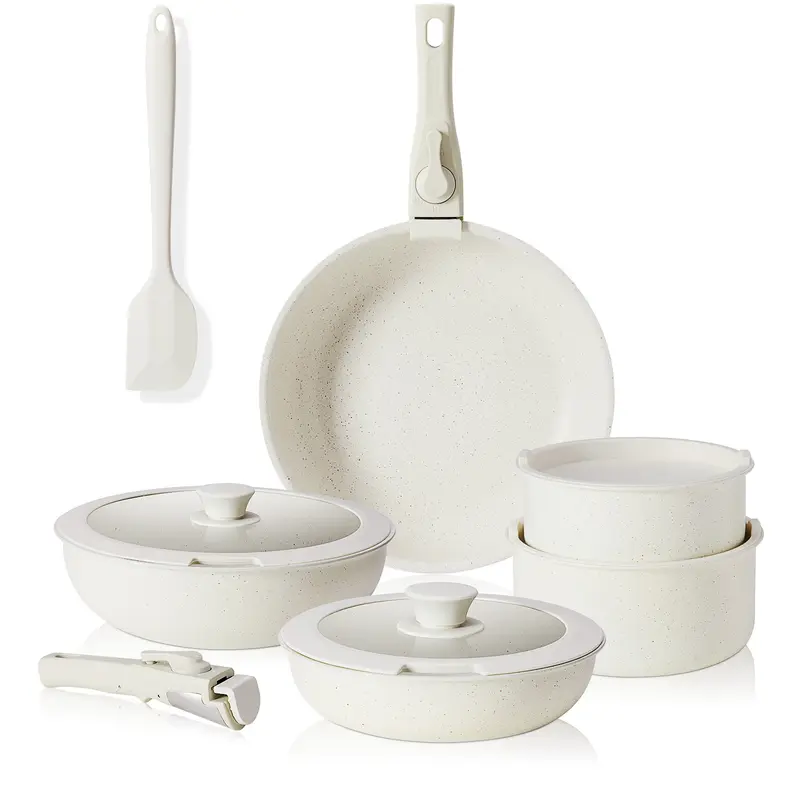 12 Pcs Pots and Pans Set Nonstick - Kitchen Cookware Set with Detachable Handle, Induction Cookware, Dishwasher Oven Safe, Beige