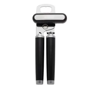 Classic Multifunction Can Opener and Bottle Opener Easy to Use, Razor Sharp Stainless Steel Cutting Wheel, Soft Ergonomic Handles, Black