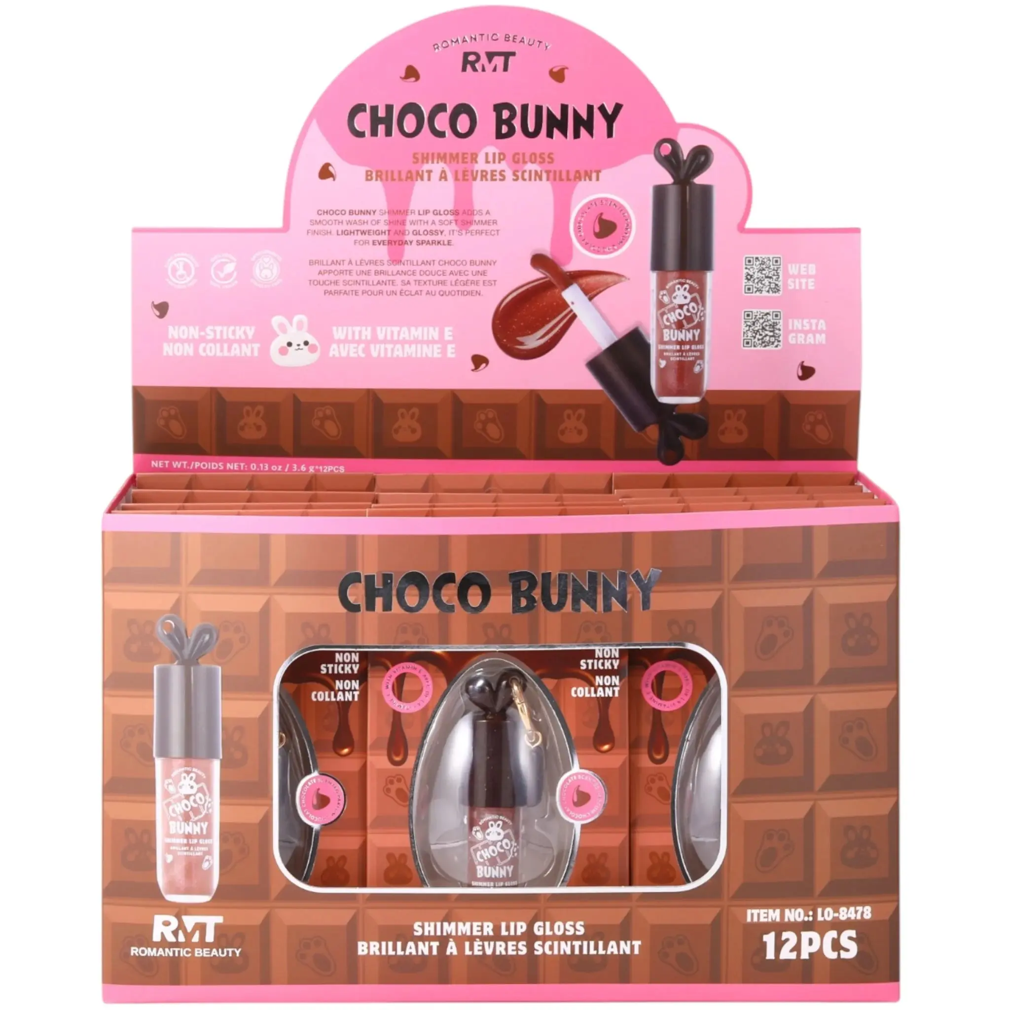 Romantic Beauty Choco Bunny Shimmer Lip Gloss - Wholesale Display 12 Units (LO-8478)