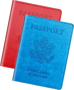 Passport Holder for Travel, Sky Blue & Red Passport Wallet Cover Case, Pack of 2 for Women, Men & Family, Cruise Essentials & Travel Accessories