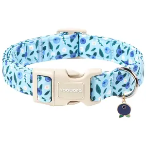 DOGWONG Blueberry Pattern Dog Collar, Cute Light Blue Spring Summer Puppy Collar - Soft Adjustable Dog Collars for Small Medium Large Dogs, Neck 8-12 inches