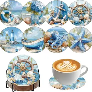 8 pieces/set of diamond ocean style art painting coasters with brackets, DIY star spiral patterned diamond art coasters, suitable for both adults and beginners as diamond painting sets, diamond set craft supplies, exquisite gifts for friends