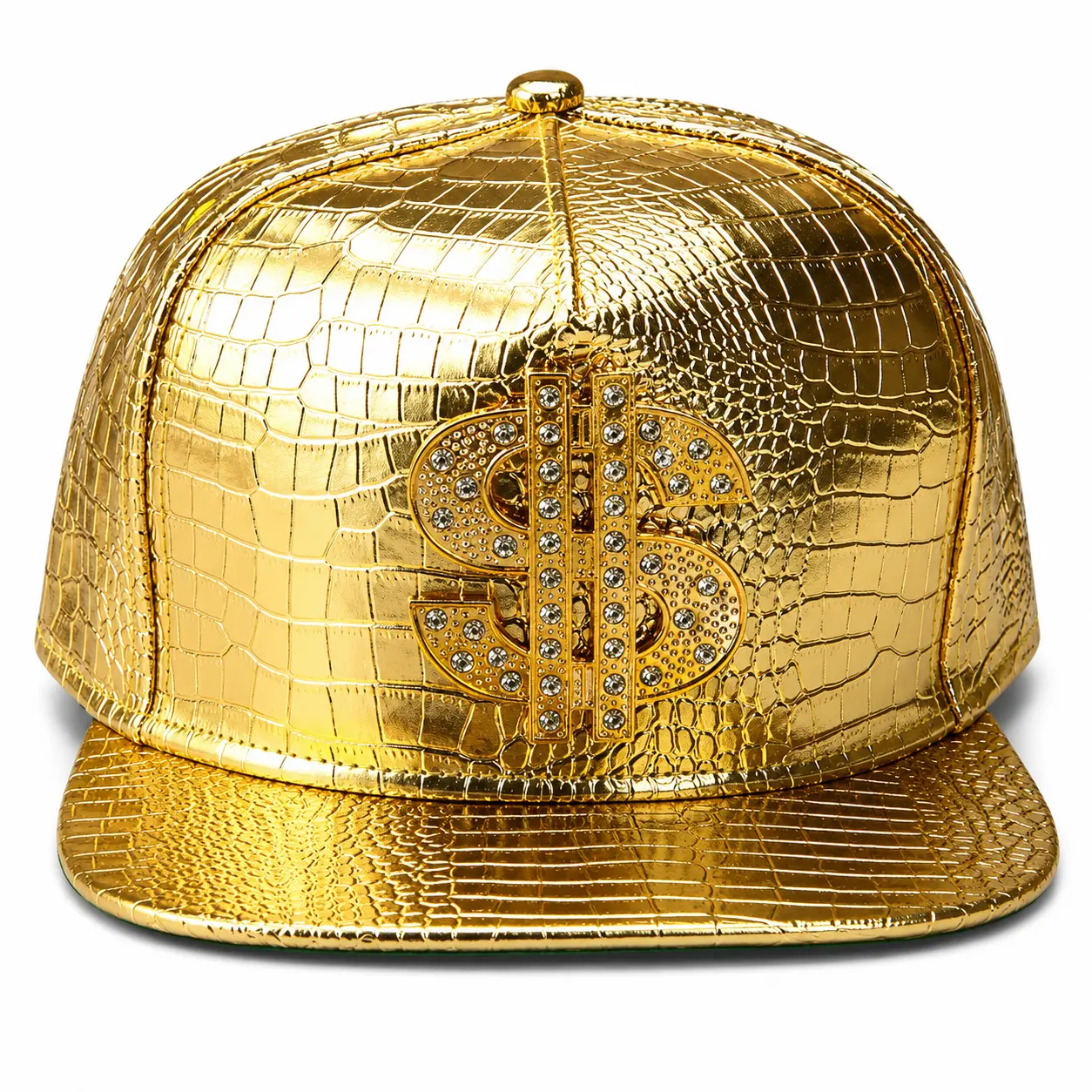 Unisex 80s-90s Retro Hip Hop Gold Dollar Sign Flat-Brimmed Baseball Cap, Waterproof Microfiber Leather Adjustable Snapback Buckle Hat with Croco Text, Bold Luxury Touch Fashion Casual Daily Headwear (Do Not Bleach)