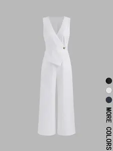 Women's Solid Button Jumpsuit, Elegant Fashion Casual V Neck Sleeveless Jumpsuit for Daily Outdoor Wear, Women Jumpsuits for Summer