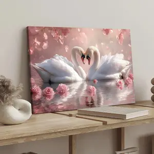 1 count wooden frame canvas, soft pink flowers in the sea of swans family poster, romantic design, bedroom poster, modern art decoration, Wall Art Painting, corridor office mural, ideal gift, waterproof, printing